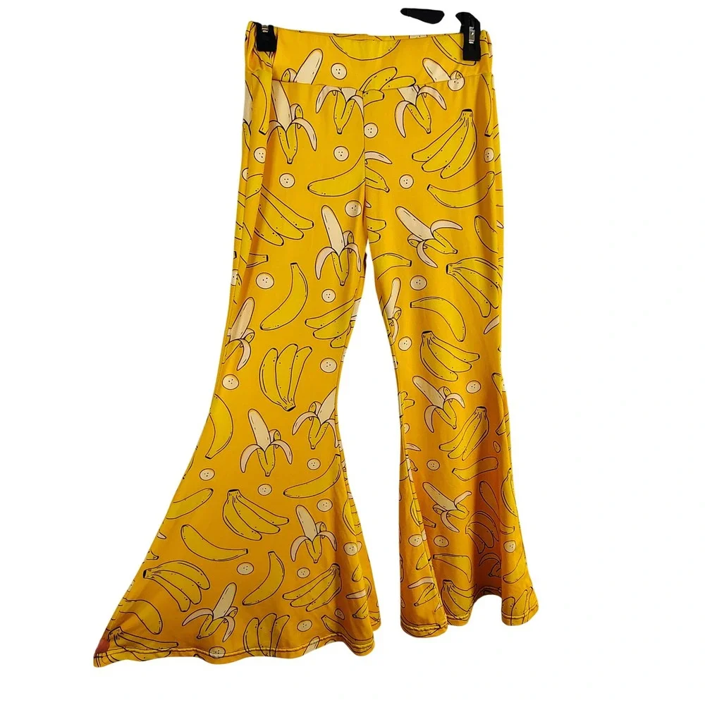 Womens SZ S Banana Print Flare Pants Yellow Fruit Kitsch Festival Bell Bottoms